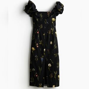 H&M Black Floral Linen Blend Off The Shoulder Midi Dress NWT
